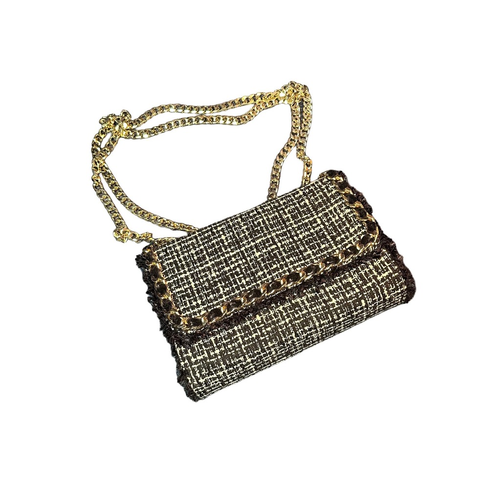 Chico's Black White Tweed Crossbody Bag Gold Chain Strap Fringe Trim Plaid Purse